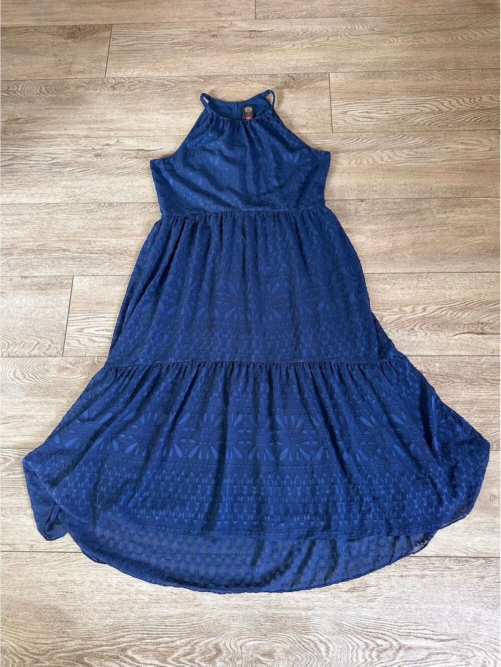 Vince Camuto Blue Halter Midi Dress Textured Cutout Back Women's Size 16